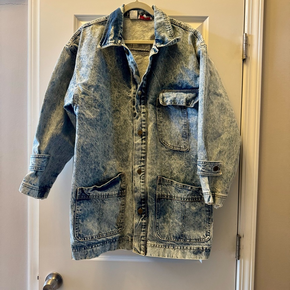 Jack Mulqueen Acid Wash Denim Jacket Vintage 90s Long Coat Style Size L